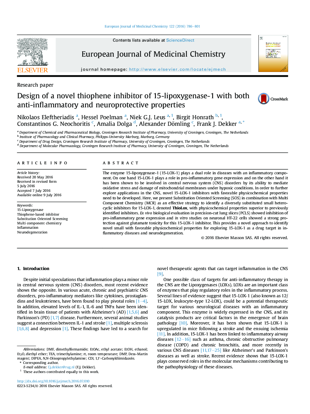 Design of a novel thiophene inhibitor of 15-lipoxygenase-1 with both anti-inflammatory and neuroprotective properties