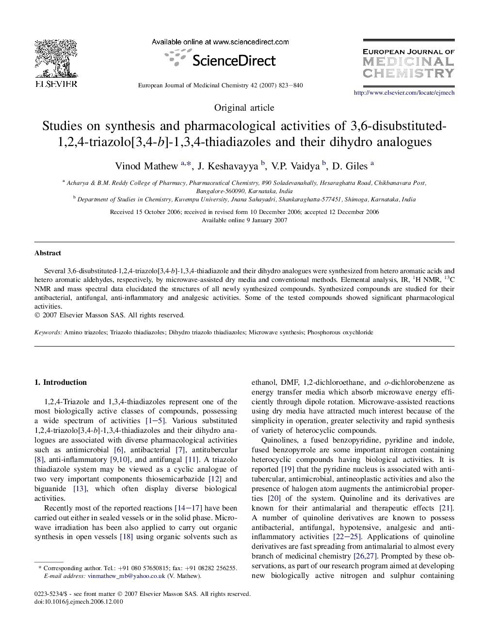 Studies on synthesis and pharmacological activities of 3,6-disubstituted-1,2,4-triazolo[3,4-b]-1,3,4-thiadiazoles and their dihydro analogues