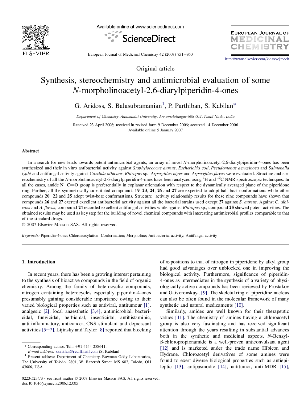 Synthesis, stereochemistry and antimicrobial evaluation of some N-morpholinoacetyl-2,6-diarylpiperidin-4-ones