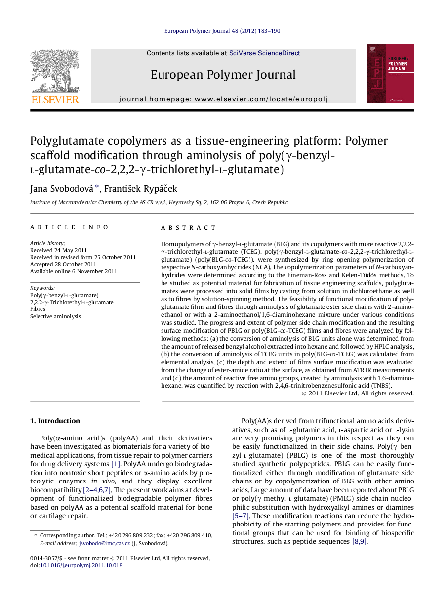 Polyglutamate copolymers as a tissue-engineering platform: Polymer scaffold modification through aminolysis of poly(γ-benzyl-l-glutamate-co-2,2,2-γ-trichlorethyl-l-glutamate)