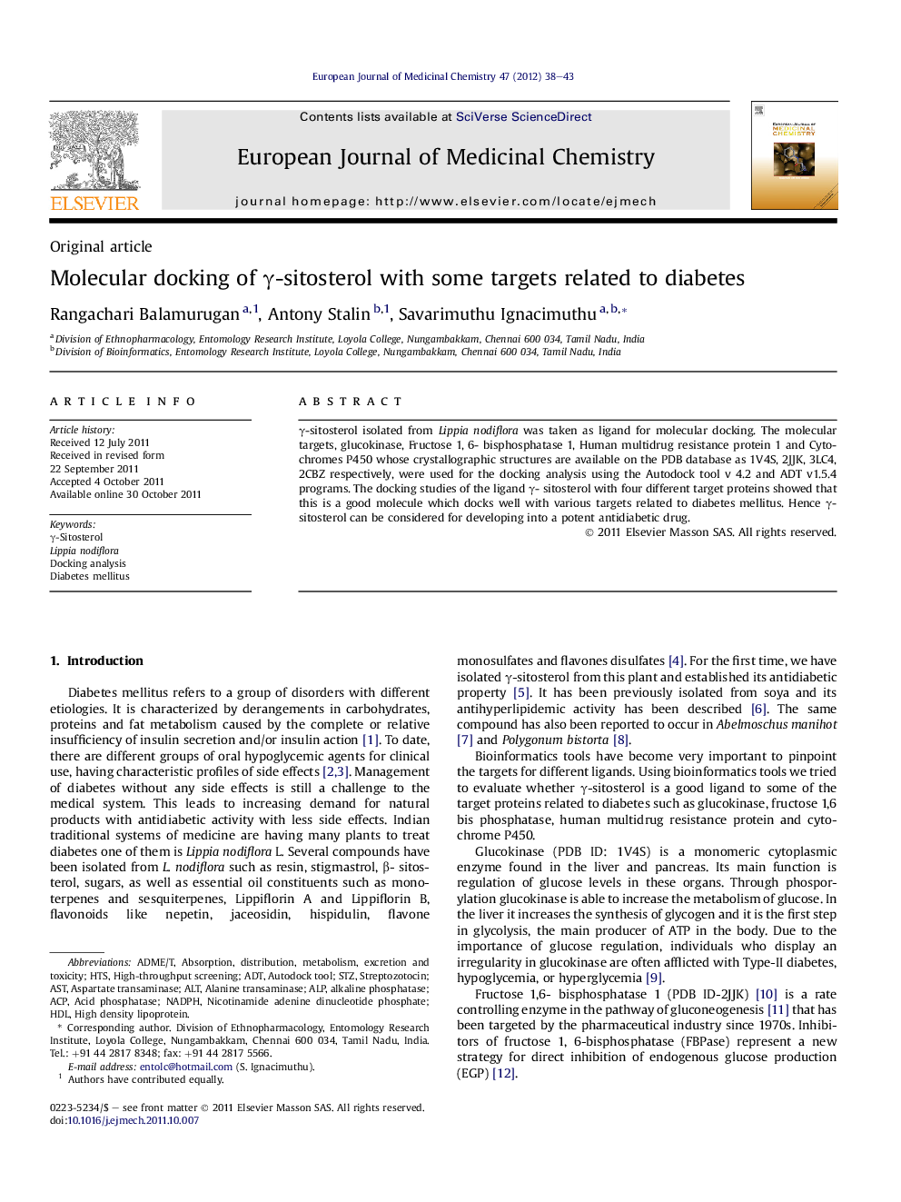 Molecular docking of γ-sitosterol with some targets related to diabetes