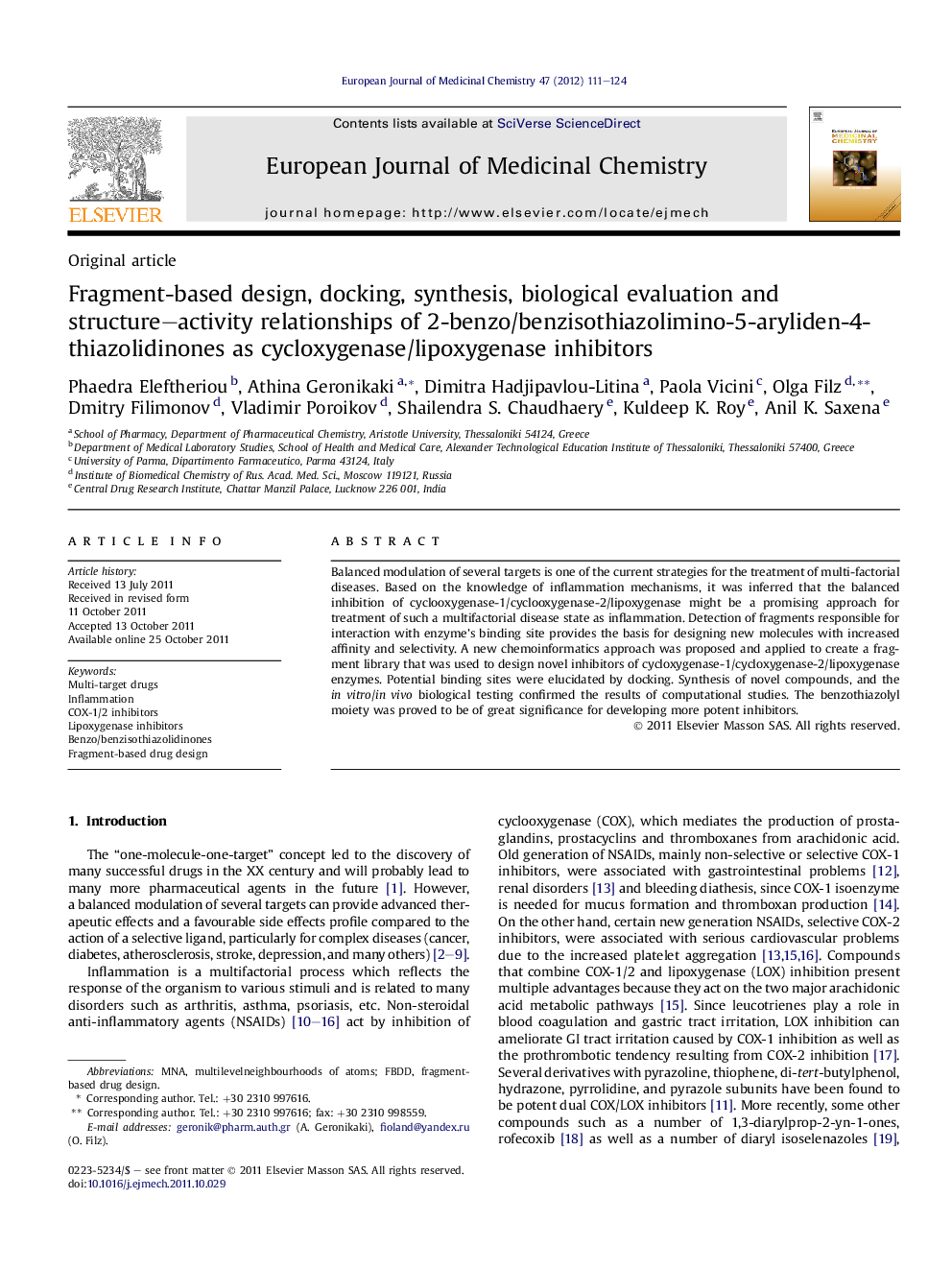 Fragment-based design, docking, synthesis, biological evaluation and structure–activity relationships of 2-benzo/benzisothiazolimino-5-aryliden-4-thiazolidinones as cycloxygenase/lipoxygenase inhibitors