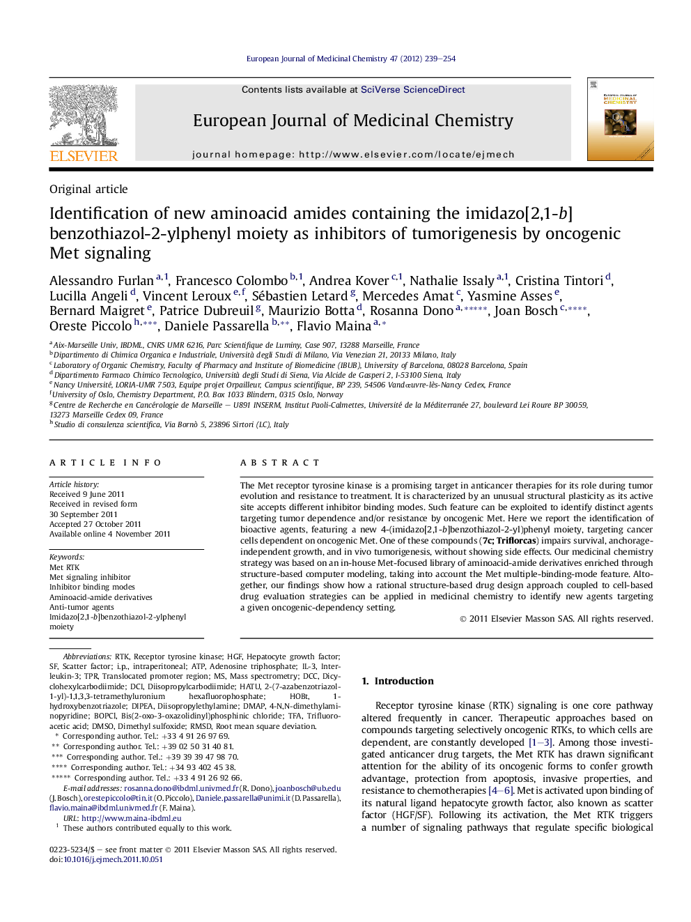 Identification of new aminoacid amides containing the imidazo[2,1-b]benzothiazol-2-ylphenyl moiety as inhibitors of tumorigenesis by oncogenic Met signaling