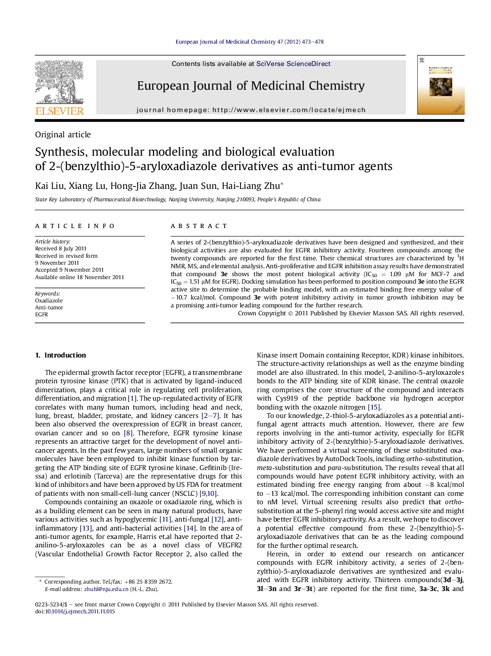 Synthesis, molecular modeling and biological evaluation of 2-(benzylthio)-5-aryloxadiazole derivatives as anti-tumor agents