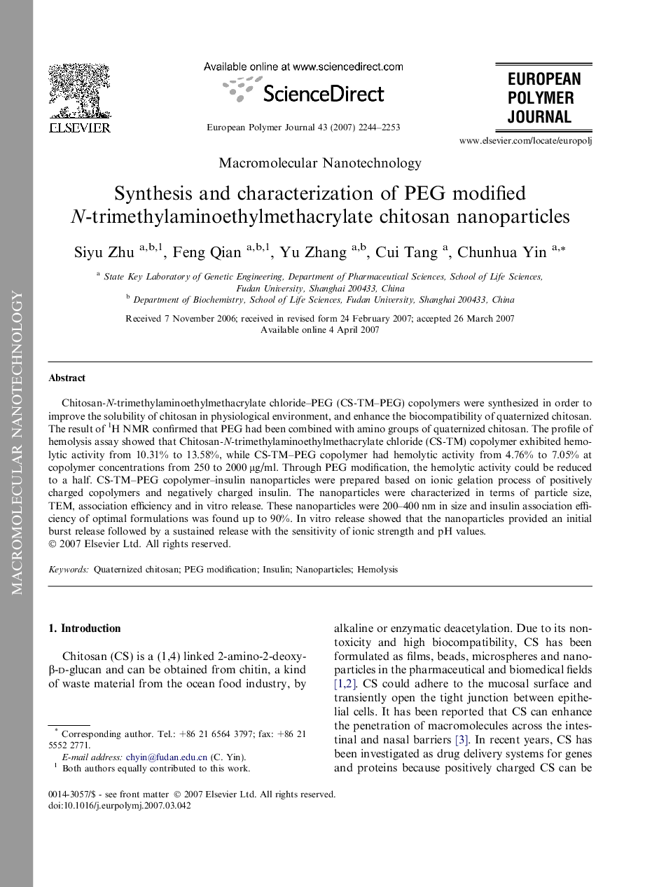 Synthesis and characterization of PEG modified N-trimethylaminoethylmethacrylate chitosan nanoparticles