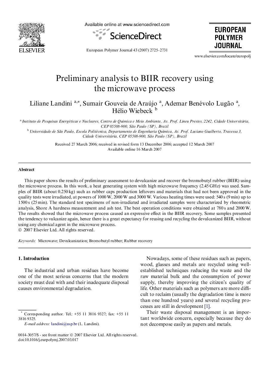 Preliminary analysis to BIIR recovery using the microwave process