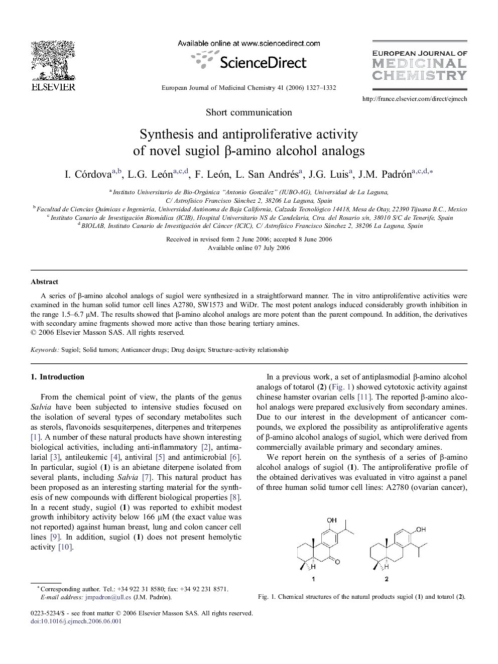 Synthesis and antiproliferative activity of novel sugiol β-amino alcohol analogs