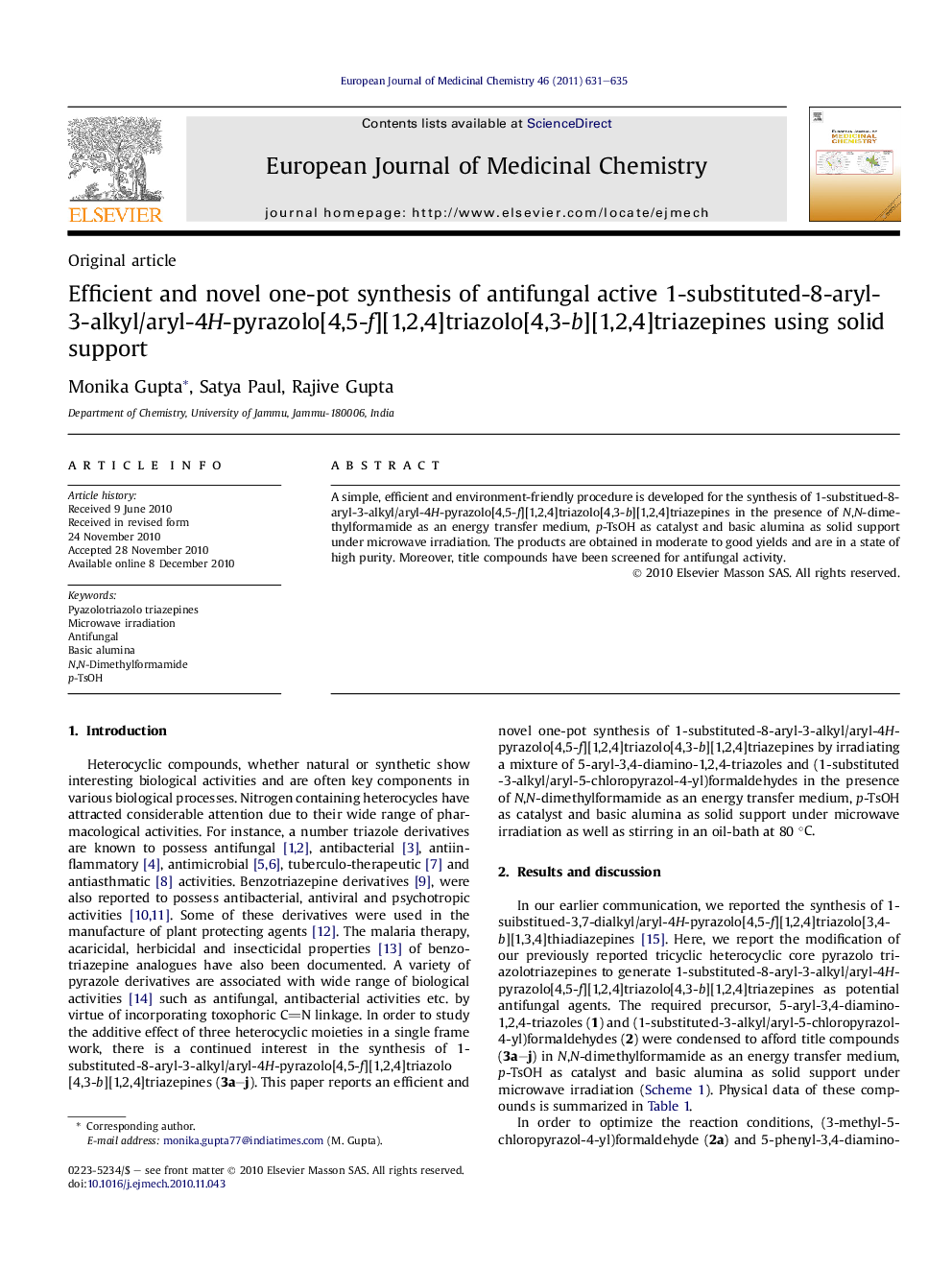 Efficient and novel one-pot synthesis of antifungal active 1-substituted-8-aryl-3-alkyl/aryl-4H-pyrazolo[4,5-f][1,2,4]triazolo[4,3-b][1,2,4]triazepines using solid support