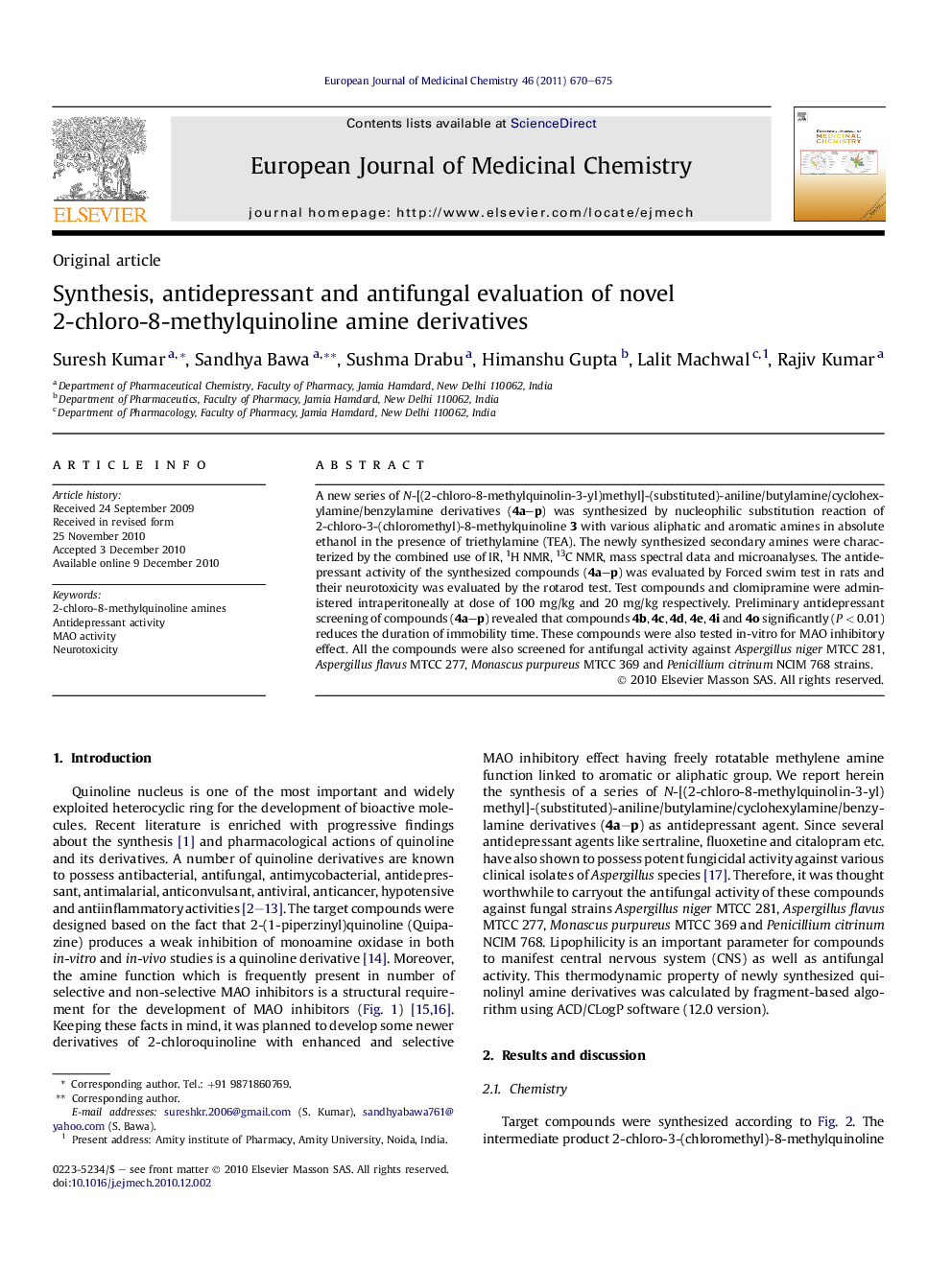 Synthesis, antidepressant and antifungal evaluation of novel 2-chloro-8-methylquinoline amine derivatives
