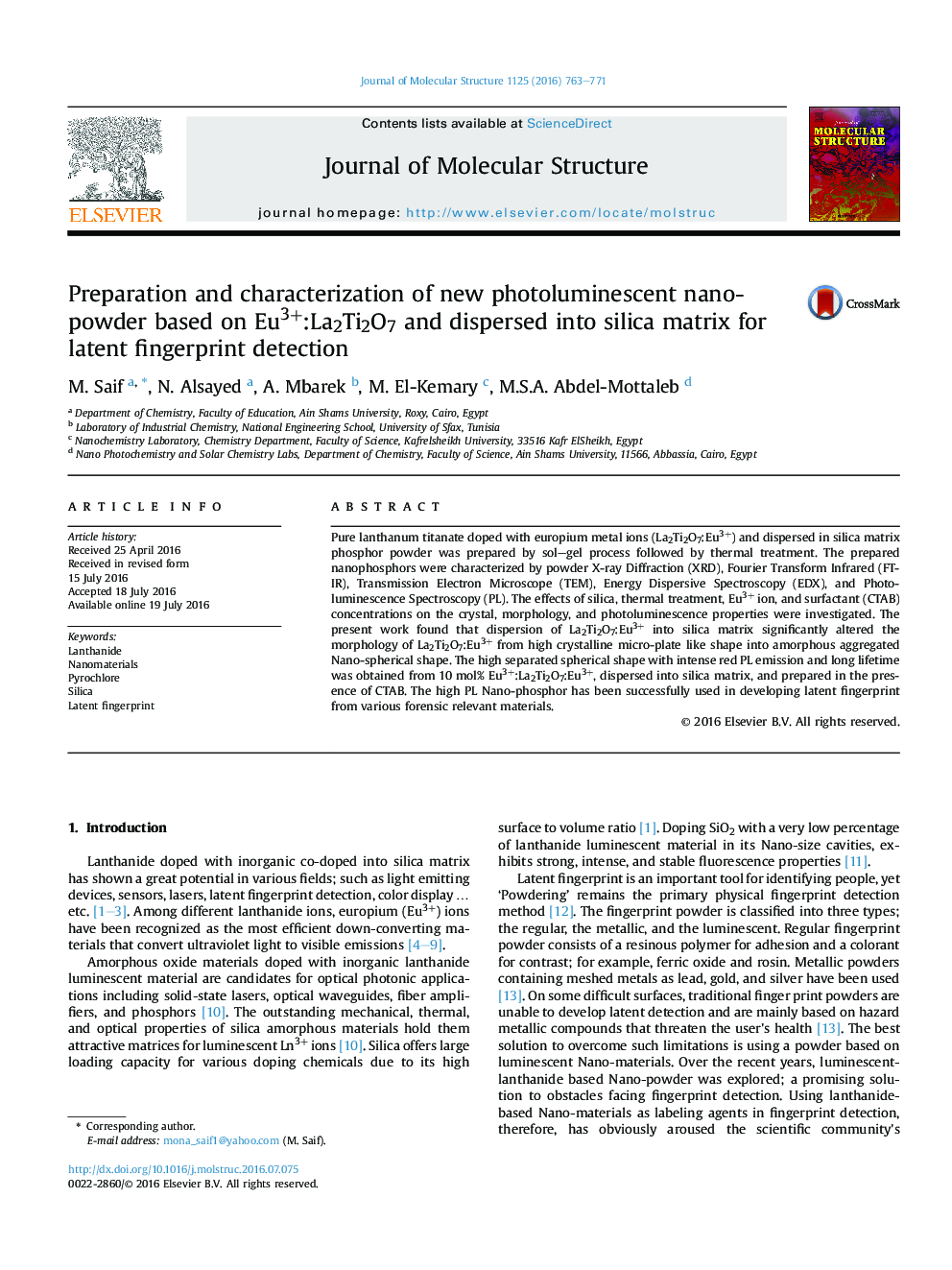 Preparation and characterization of new photoluminescent nano-powder based on Eu3+:La2Ti2O7 and dispersed into silica matrix for latent fingerprint detection
