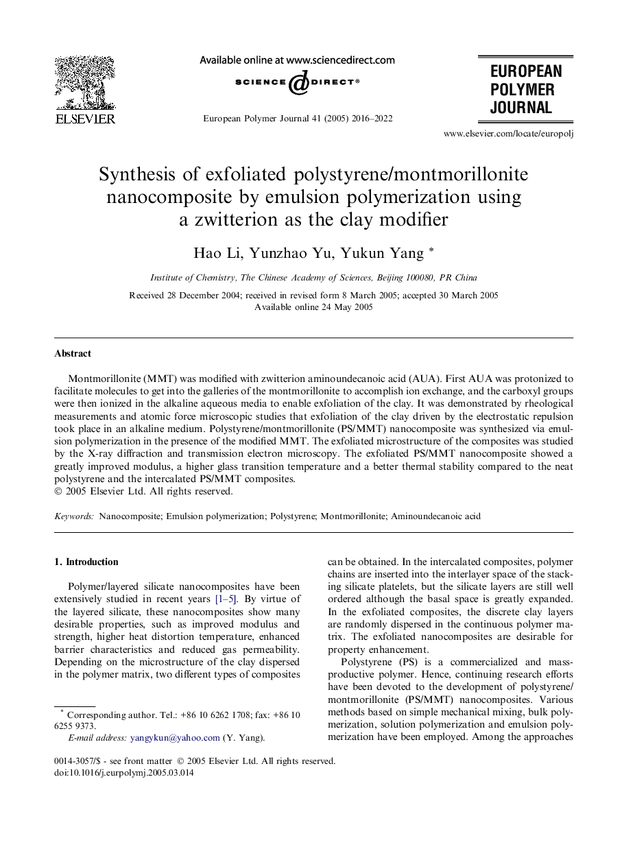 Synthesis of exfoliated polystyrene/montmorillonite nanocomposite by emulsion polymerization using a zwitterion as the clay modifier