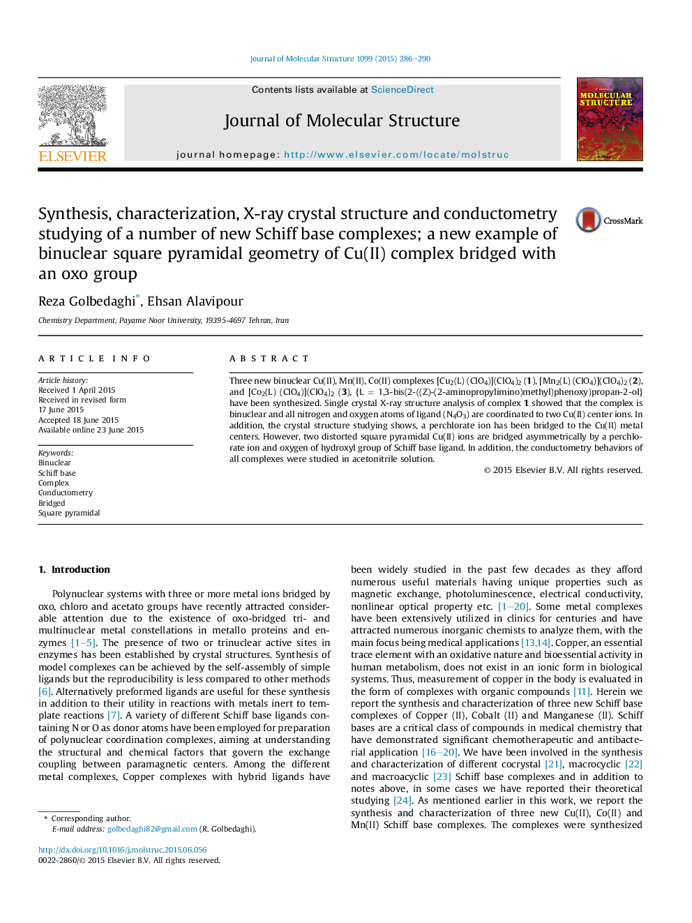 Synthesis, characterization, X-ray crystal structure and conductometry studying of a number of new Schiff base complexes; a new example of binuclear square pyramidal geometry of Cu(II) complex bridged with an oxo group