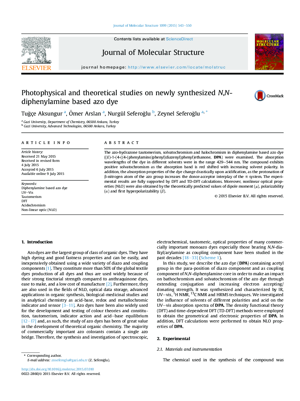 Photophysical and theoretical studies on newly synthesized N,N-diphenylamine based azo dye