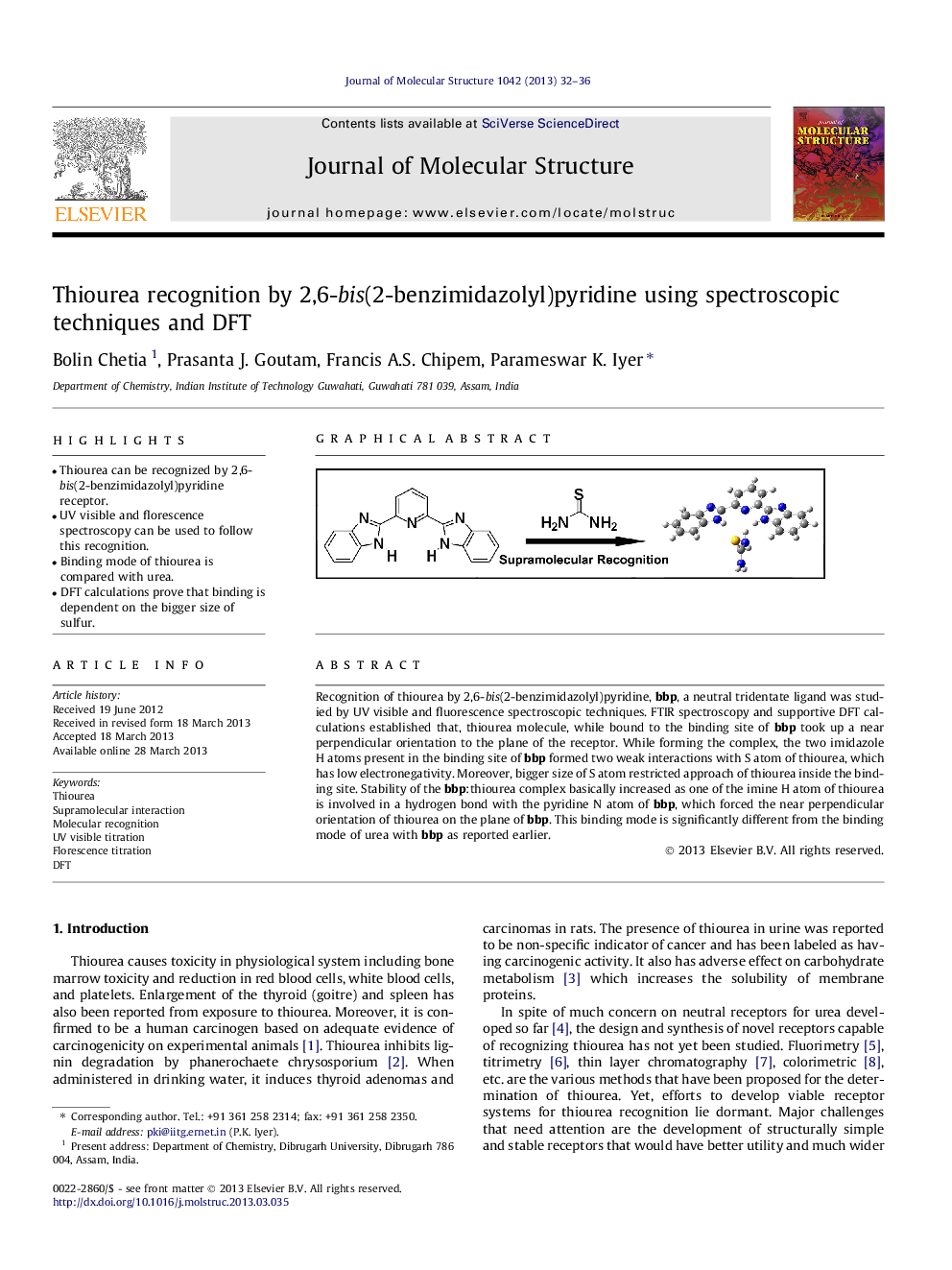 Thiourea recognition by 2,6-bis(2-benzimidazolyl)pyridine using spectroscopic techniques and DFT