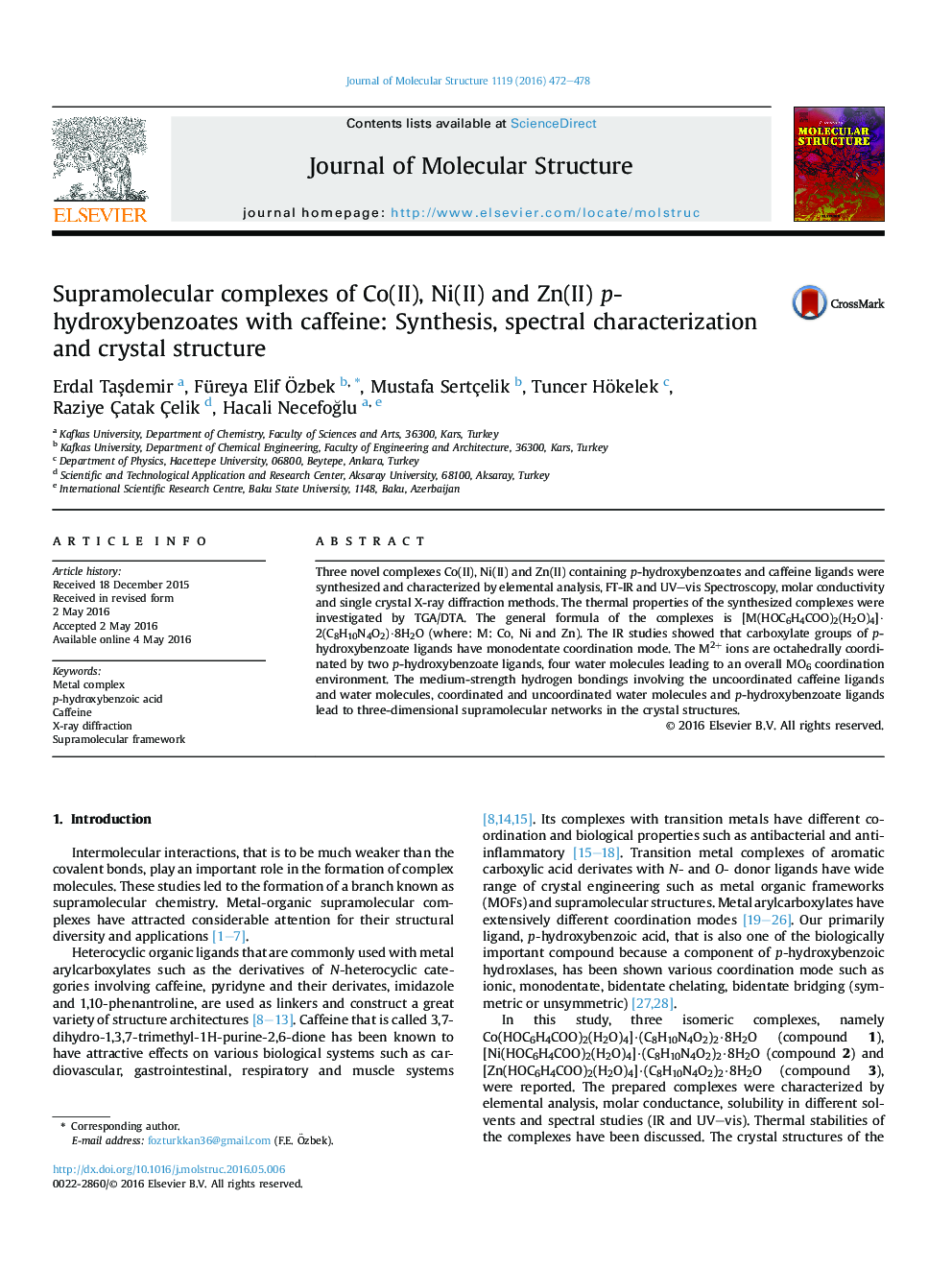 Supramolecular complexes of Co(II), Ni(II) and Zn(II) p-hydroxybenzoates with caffeine: Synthesis, spectral characterization and crystal structure