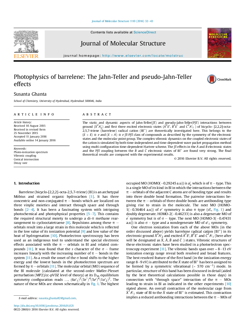 Photophysics of barrelene: The Jahn-Teller and pseudo-Jahn-Teller effects