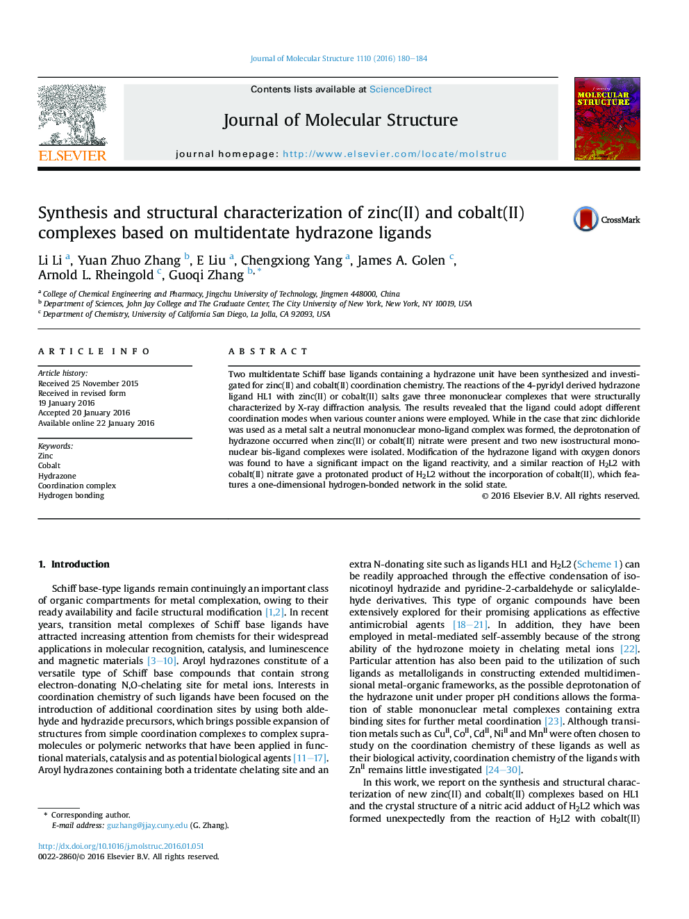 Synthesis and structural characterization of zinc(II) and cobalt(II) complexes based on multidentate hydrazone ligands