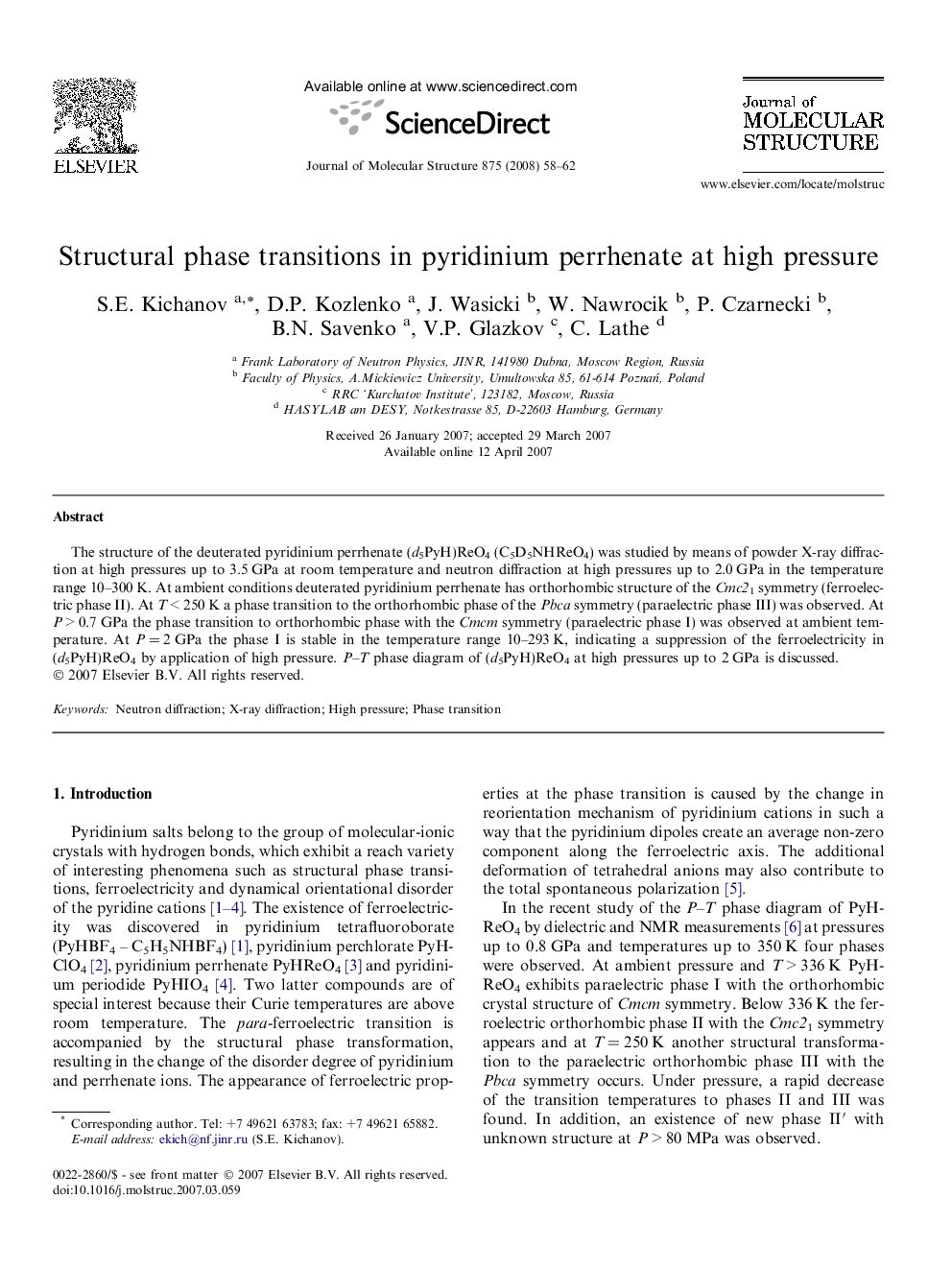 Structural phase transitions in pyridinium perrhenate at high pressure