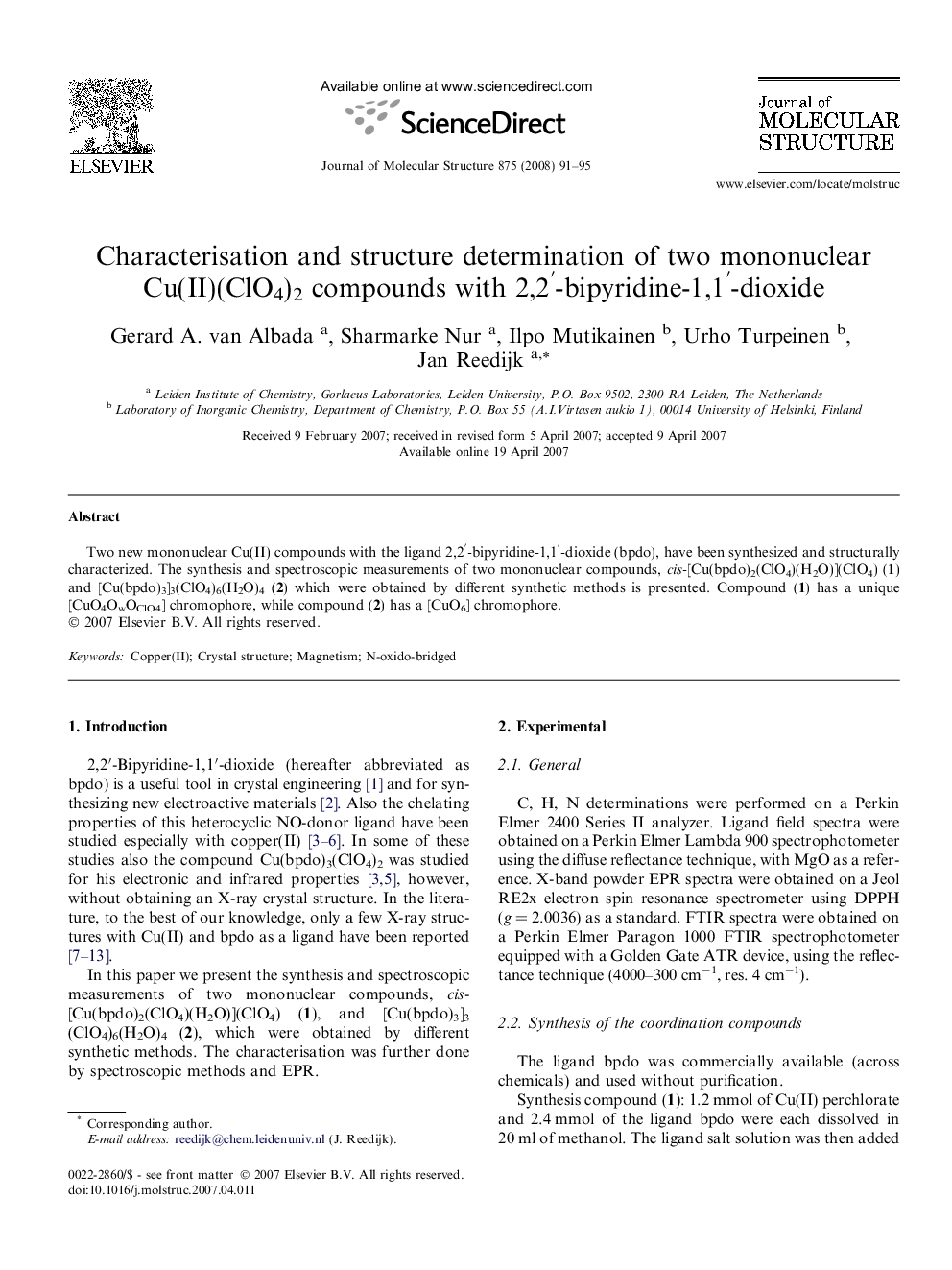 Characterisation and structure determination of two mononuclear Cu(II)(ClO4)2 compounds with 2,2′-bipyridine-1,1′-dioxide