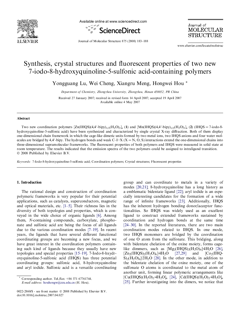 Synthesis, crystal structures and fluorescent properties of two new 7-iodo-8-hydroxyquinoline-5-sulfonic acid-containing polymers