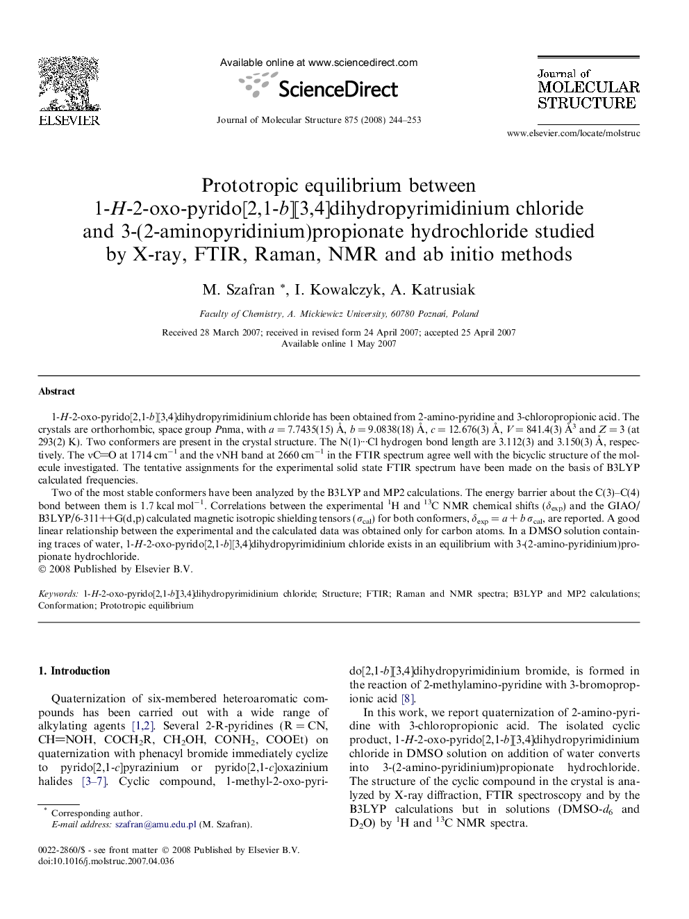 Prototropic equilibrium between 1-H-2-oxo-pyrido[2,1-b][3,4]dihydropyrimidinium chloride and 3-(2-aminopyridinium)propionate hydrochloride studied by X-ray, FTIR, Raman, NMR and ab initio methods