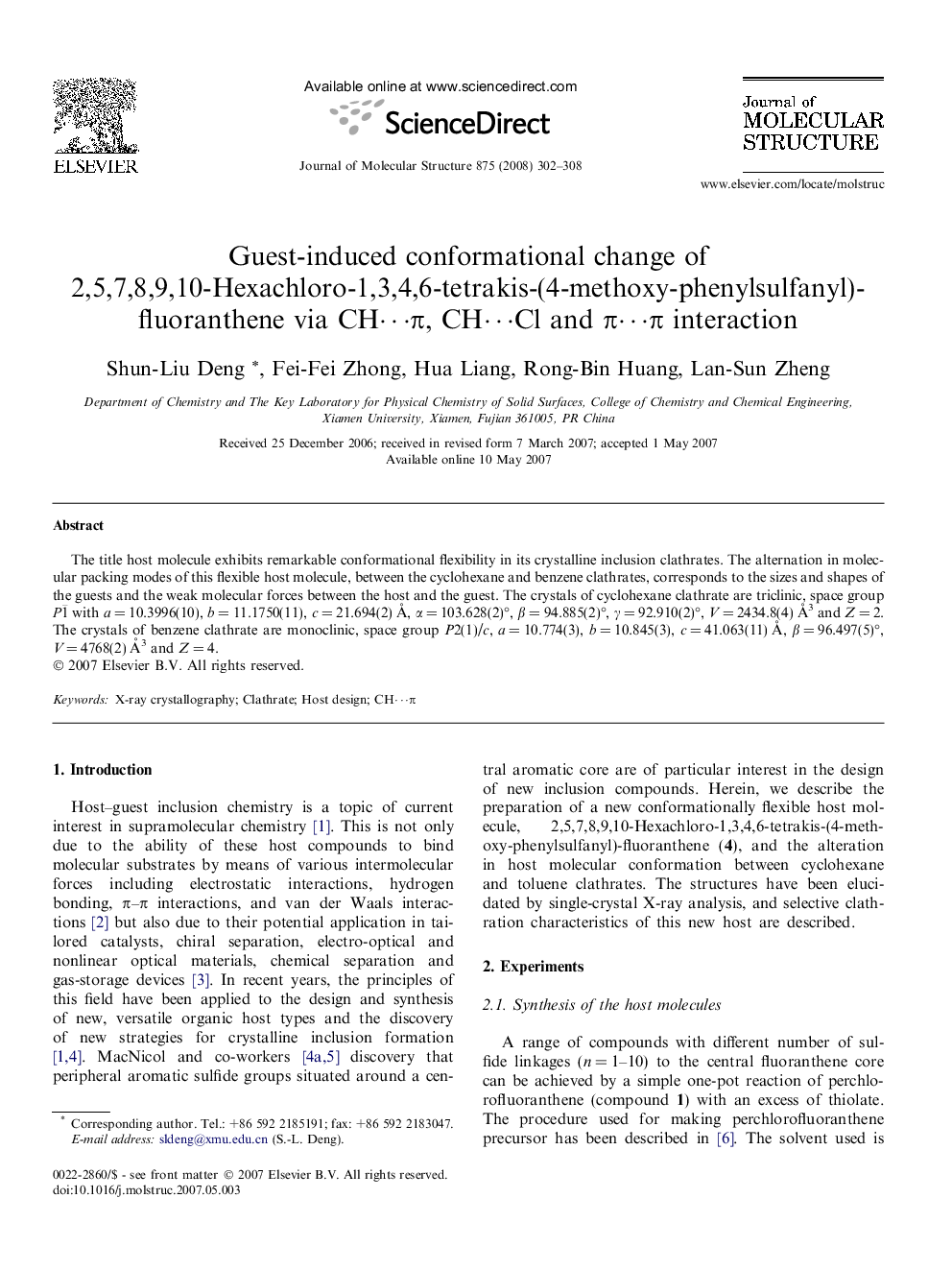 Guest-induced conformational change of 2,5,7,8,9,10-Hexachloro-1,3,4,6-tetrakis-(4-methoxy-phenylsulfanyl)-fluoranthene via CHâ¯Ï, CHâ¯Cl and Ïâ¯Ï interaction