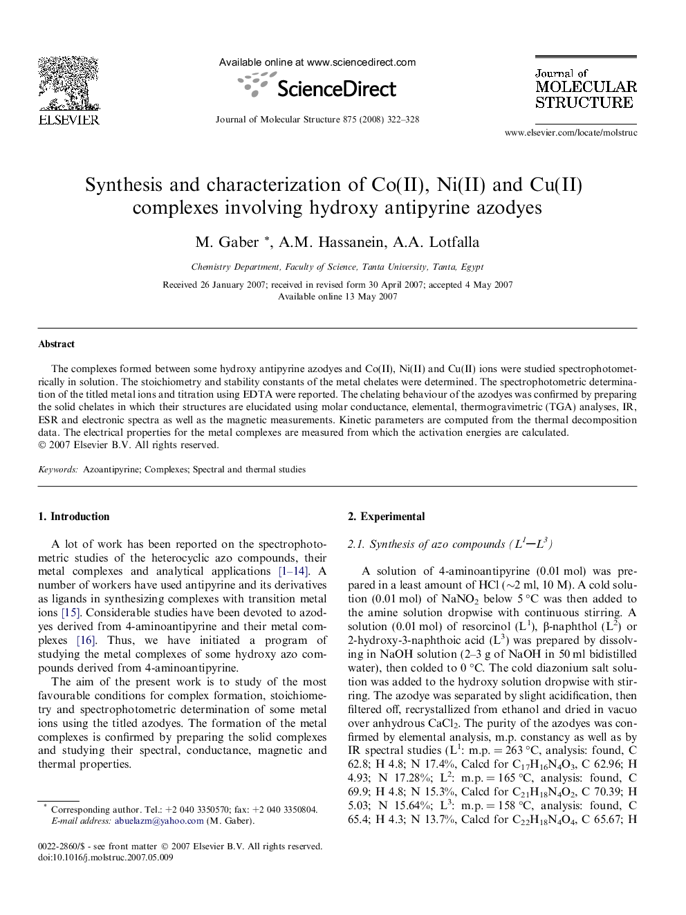 Synthesis and characterization of Co(II), Ni(II) and Cu(II) complexes involving hydroxy antipyrine azodyes