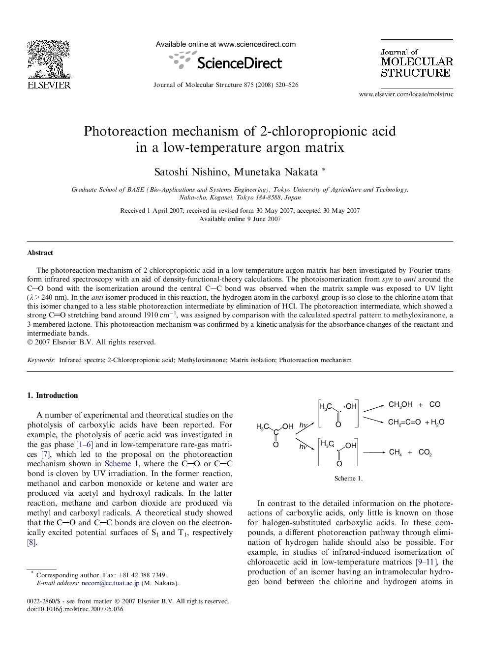 Photoreaction mechanism of 2-chloropropionic acid in a low-temperature argon matrix
