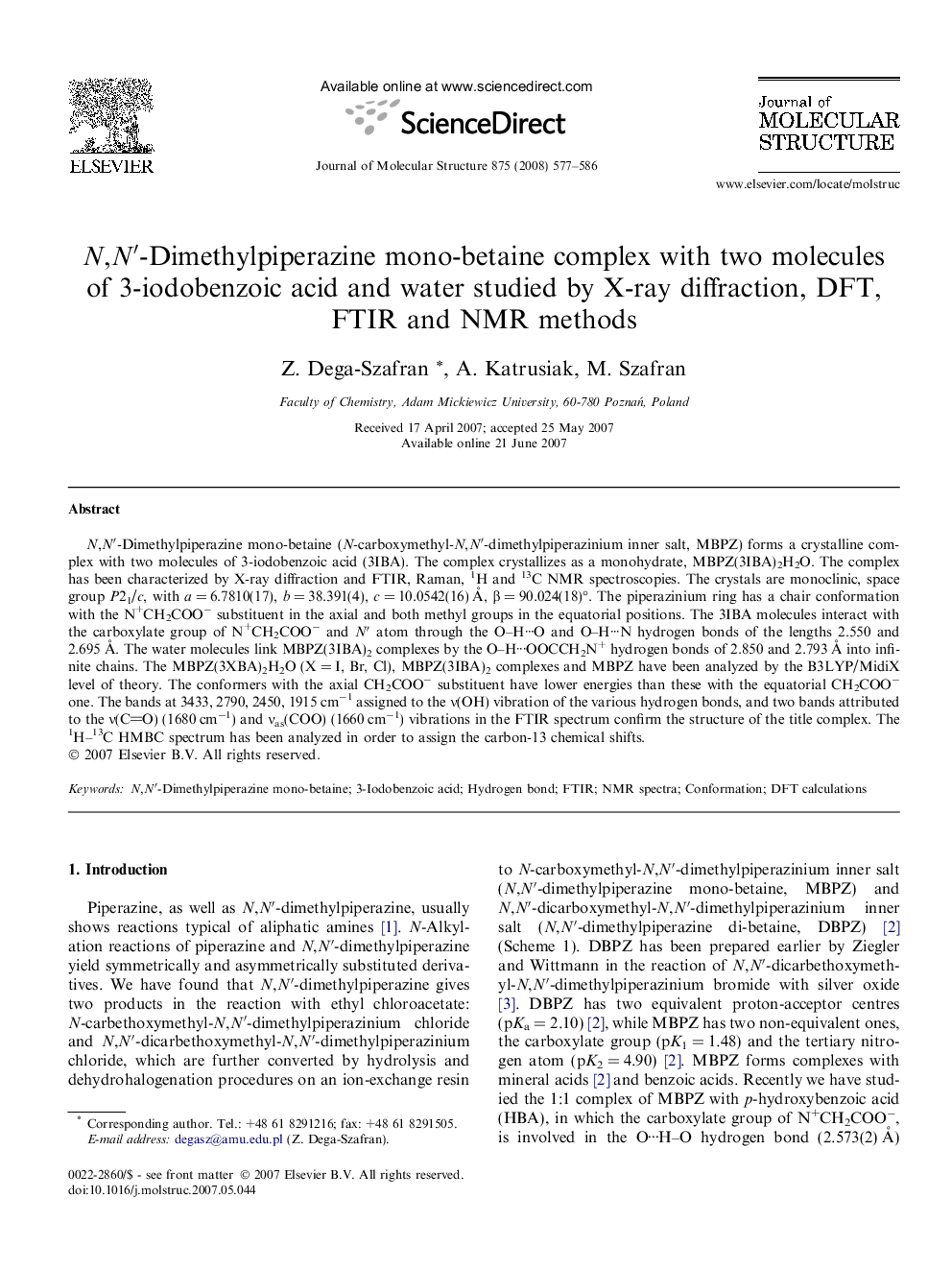 N,Nâ²-Dimethylpiperazine mono-betaine complex with two molecules of 3-iodobenzoic acid and water studied by X-ray diffraction, DFT, FTIR and NMR methods