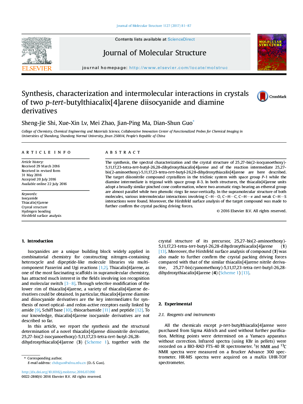 Synthesis, characterization and intermolecular interactions in crystals of two p-tert-butylthiacalix[4]arene diisocyanide and diamine derivatives