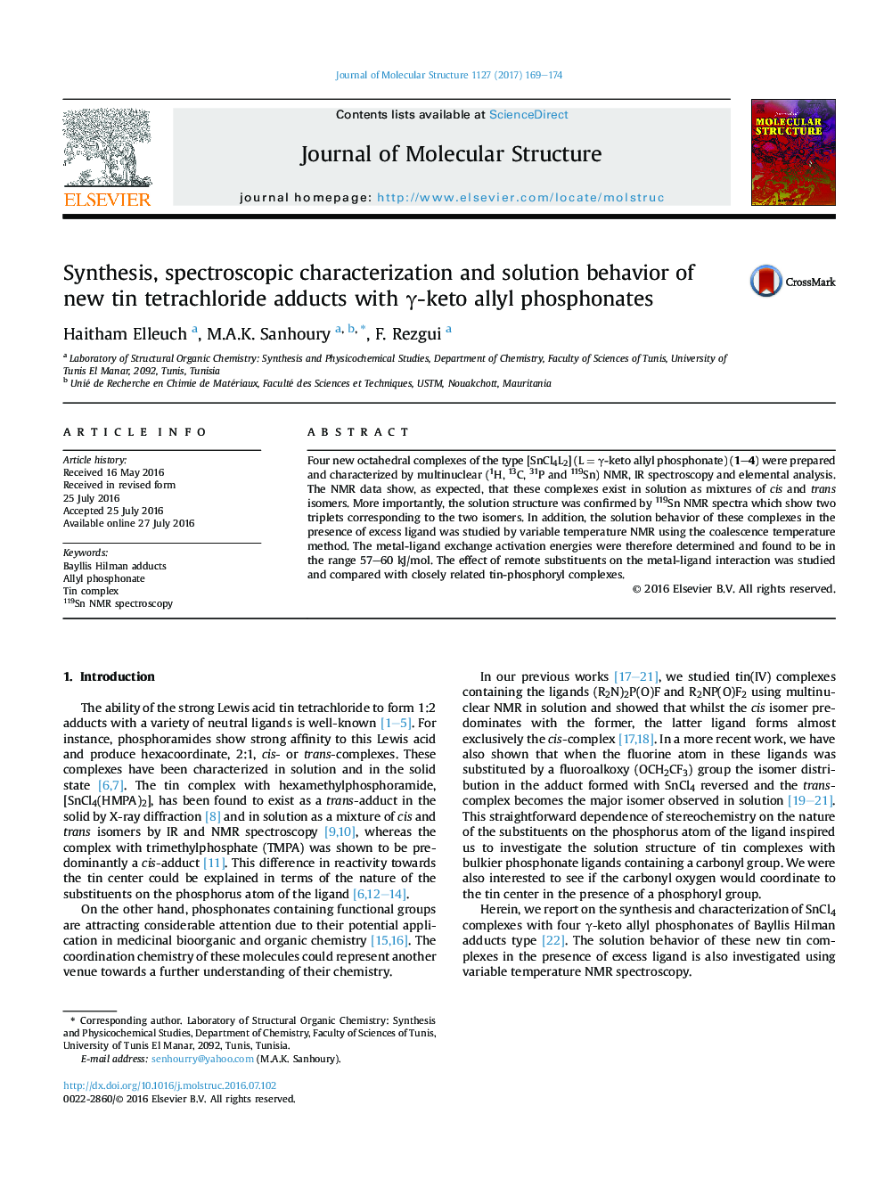 سنتز، شناسایی طیفی و راه حل برخورد ترکیب های قلع تتراکلرید جدید با فسفونات ها آلیل γ-کتو