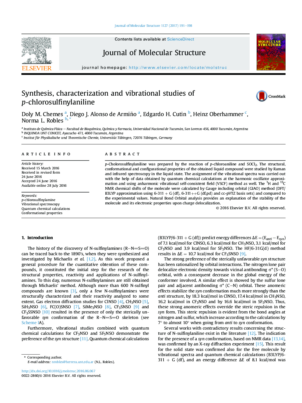 Synthesis, characterization and vibrational studies of p-chlorosulfinylaniline