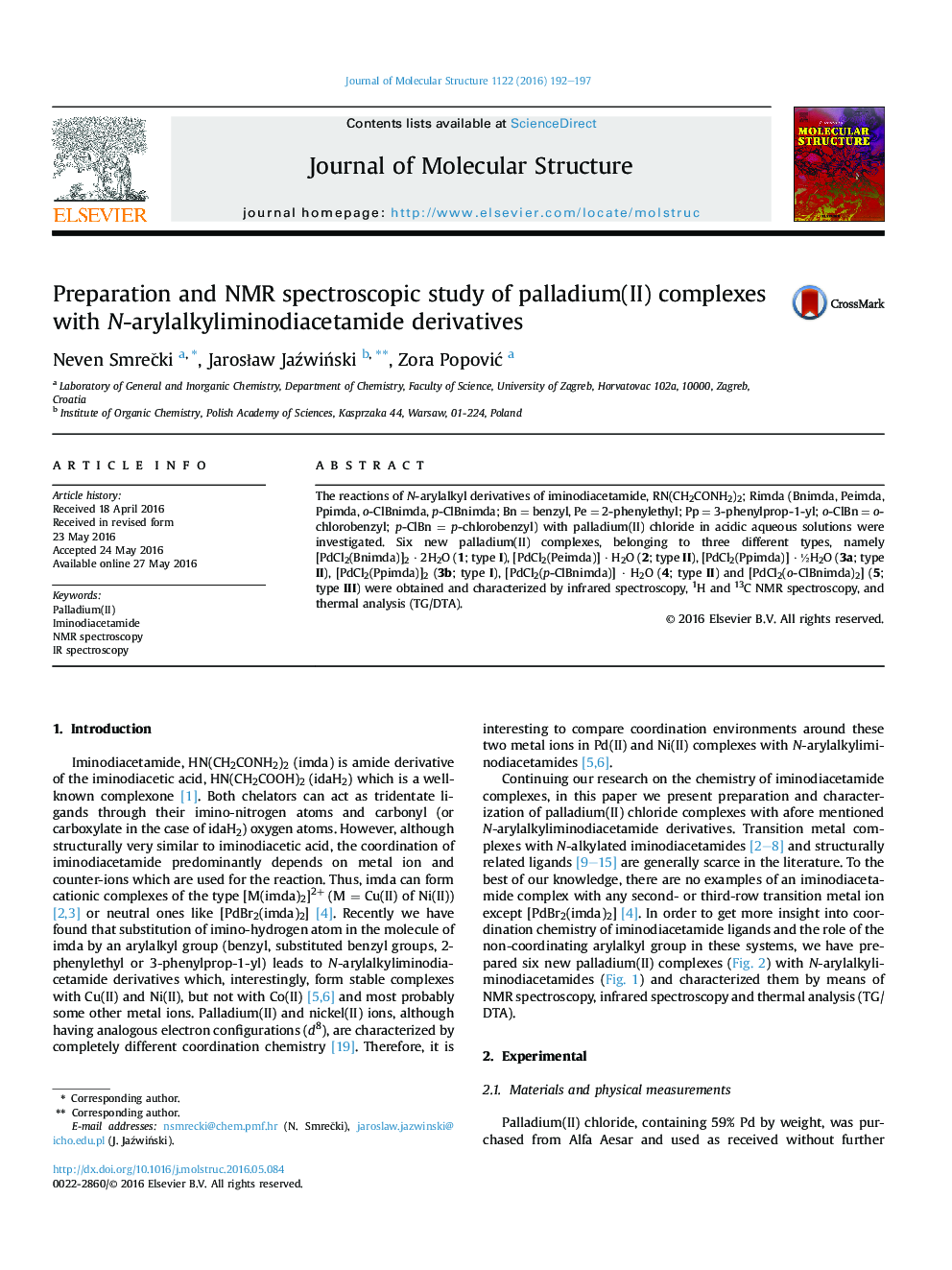 آماده سازی و بررسی طیف سنجی NMR از کمپلکس های پالادیوم (II) با مشتقات N-arylalkyliminodiacetamide