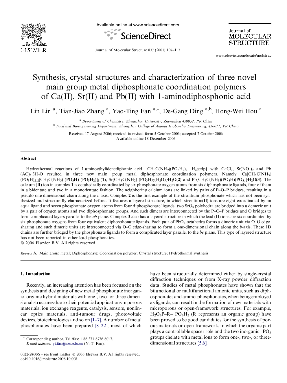 Synthesis, crystal structures and characterization of three novel main group metal diphosphonate coordination polymers of Ca(II), Sr(II) and Pb(II) with 1-aminodiphosphonic acid