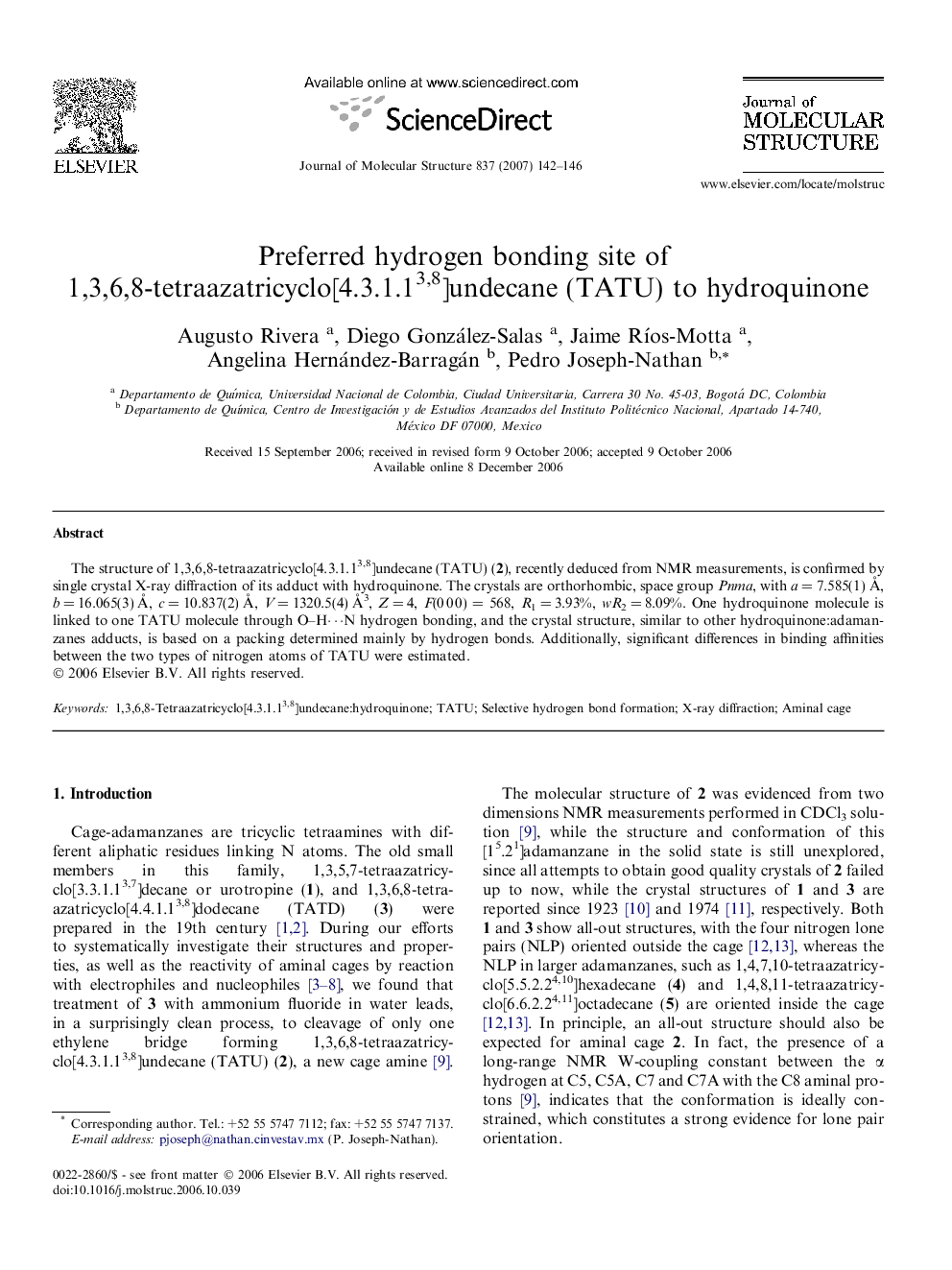 Preferred hydrogen bonding site of 1,3,6,8-tetraazatricyclo[4.3.1.13,8]undecane (TATU) to hydroquinone