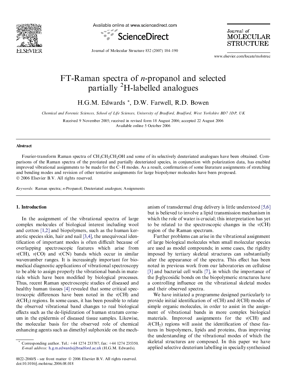 FT-Raman spectra of n-propanol and selected partially 2H-labelled analogues