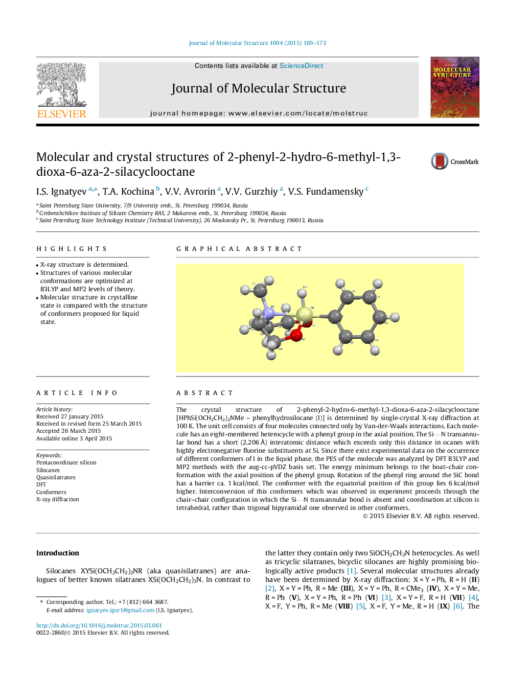 ساختارهای مولکولی و کریستالی 2-فنیل-2-هیدروکسی 6-متیل 1،3-دیوکسا-6-آزا-2-سیلاسیکلووکتان 