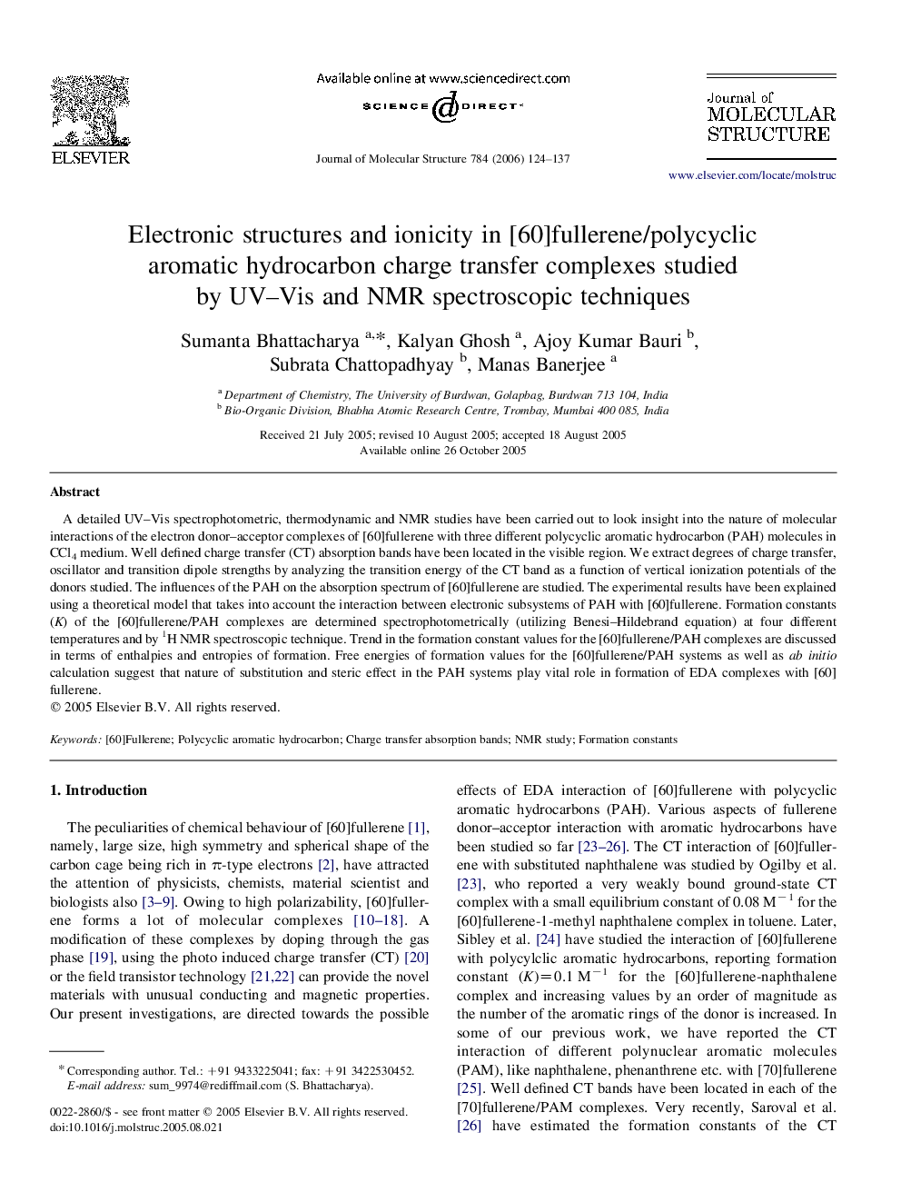 Electronic structures and ionicity in [60]fullerene/polycyclic aromatic hydrocarbon charge transfer complexes studied by UV–Vis and NMR spectroscopic techniques