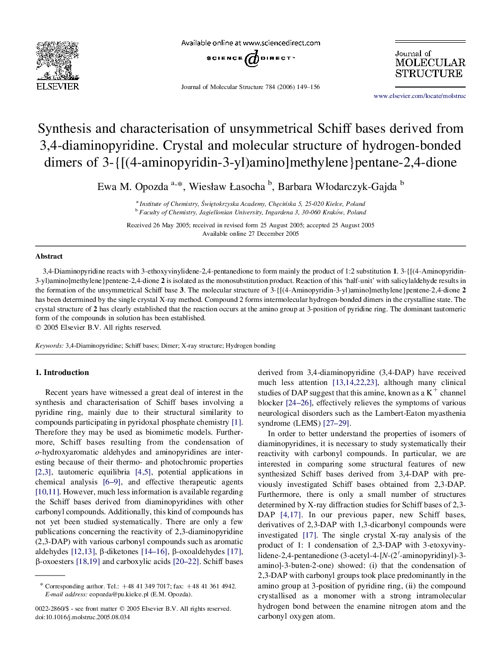 Synthesis and characterisation of unsymmetrical Schiff bases derived from 3,4-diaminopyridine. Crystal and molecular structure of hydrogen-bonded dimers of 3-{[(4-aminopyridin-3-yl)amino]methylene}pentane-2,4-dione