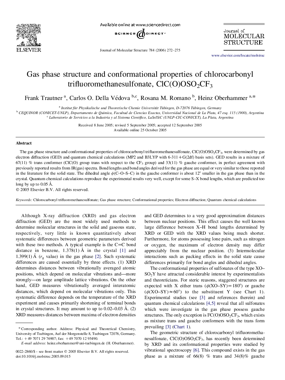 Gas phase structure and conformational properties of chlorocarbonyl trifluoromethanesulfonate, ClC(O)OSO2CF3