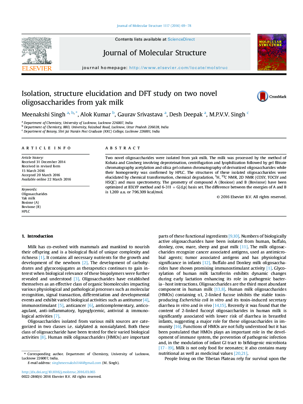 Isolation, structure elucidation and DFT study on two novel oligosaccharides from yak milk