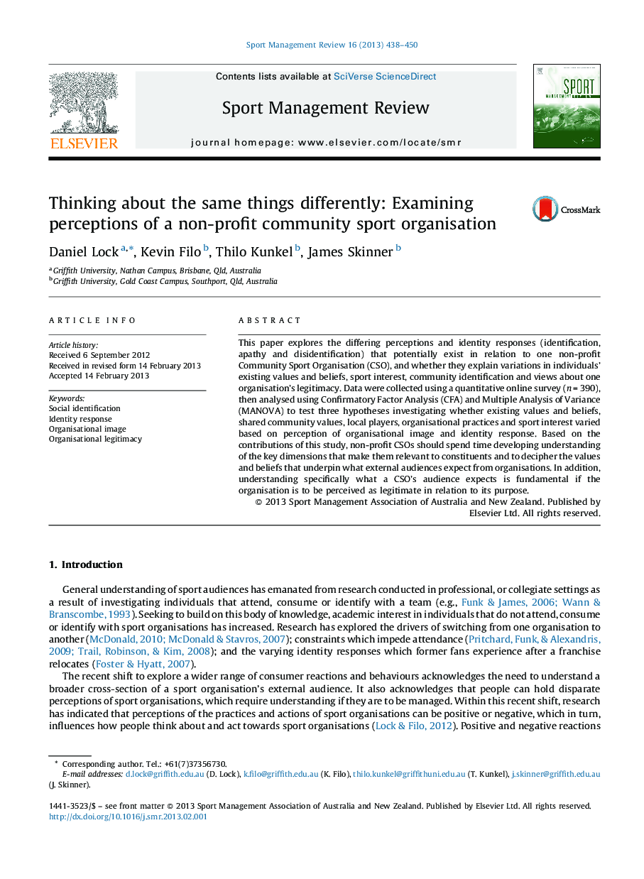 Thinking about the same things differently: Examining perceptions of a non-profit community sport organisation