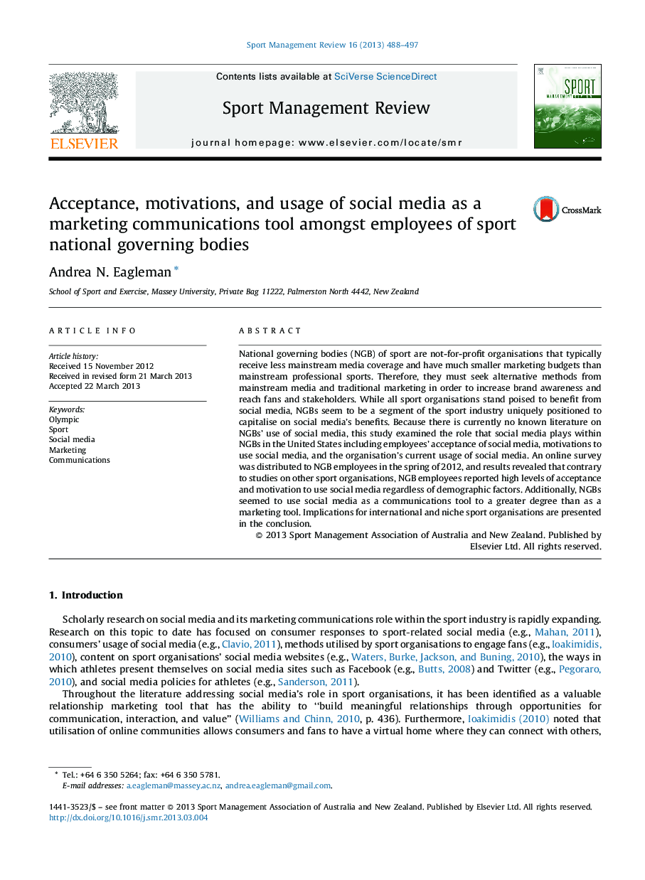 Acceptance, motivations, and usage of social media as a marketing communications tool amongst employees of sport national governing bodies