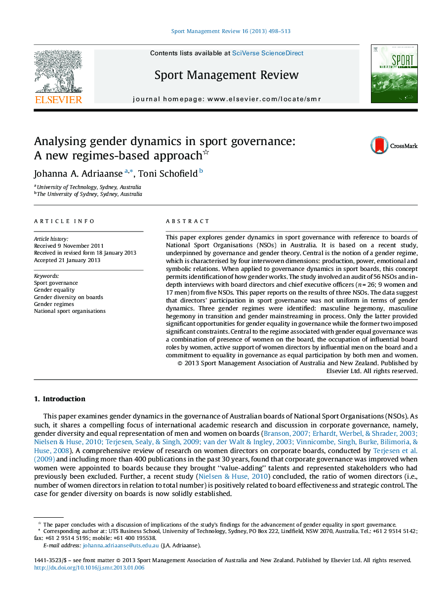 Analysing gender dynamics in sport governance: A new regimes-based approach 