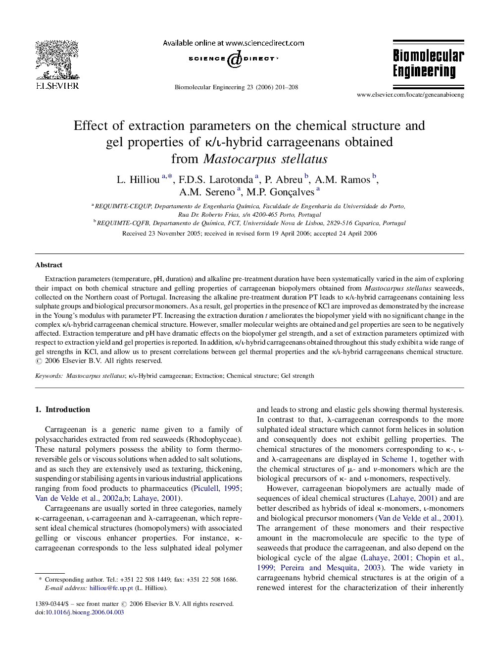 Effect of extraction parameters on the chemical structure and gel properties of κ/ι-hybrid carrageenans obtained from Mastocarpus stellatus