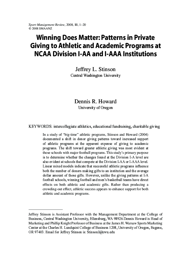 Winning Does Matter: Patterns in Private Giving to Athletic and Academic Programs at NCAA Division I-AA and I-AAA Institutions