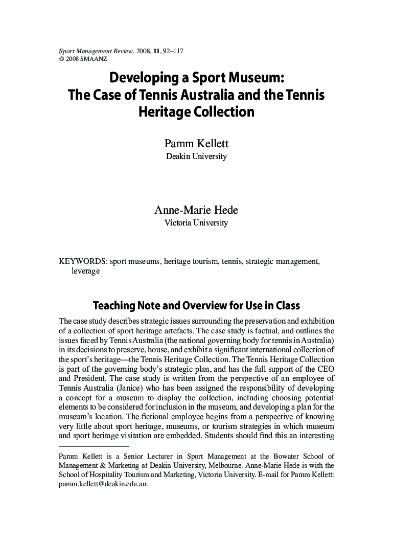 Developing a Sport Museum: The Case of Tennis Australia and the Tennis Heritage Collection