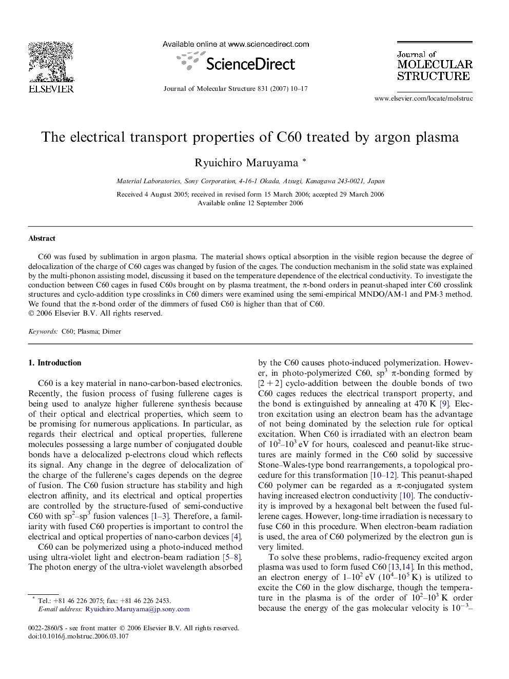 The electrical transport properties of C60 treated by argon plasma