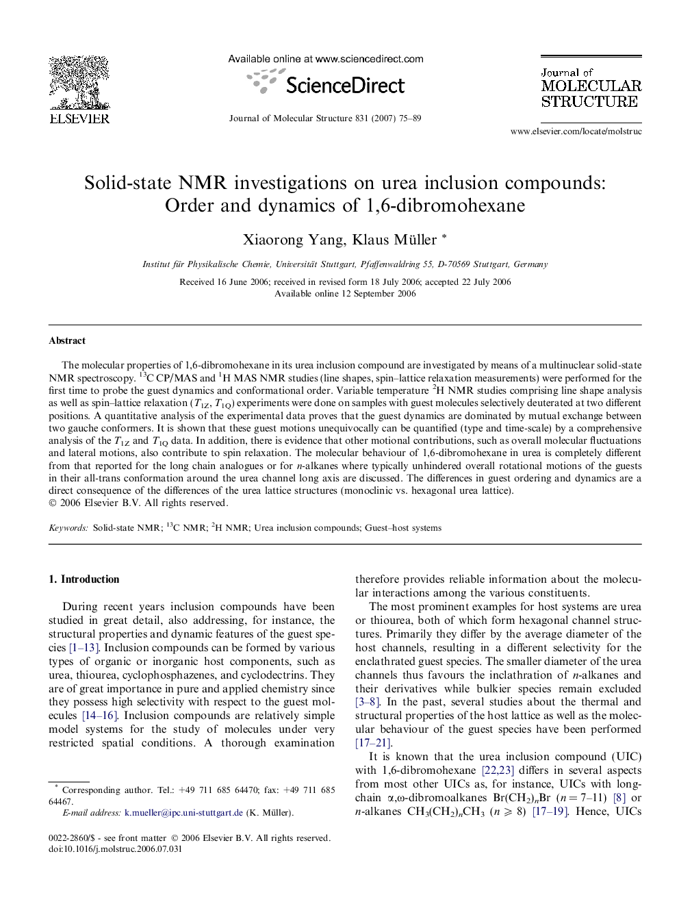 Solid-state NMR investigations on urea inclusion compounds: Order and dynamics of 1,6-dibromohexane