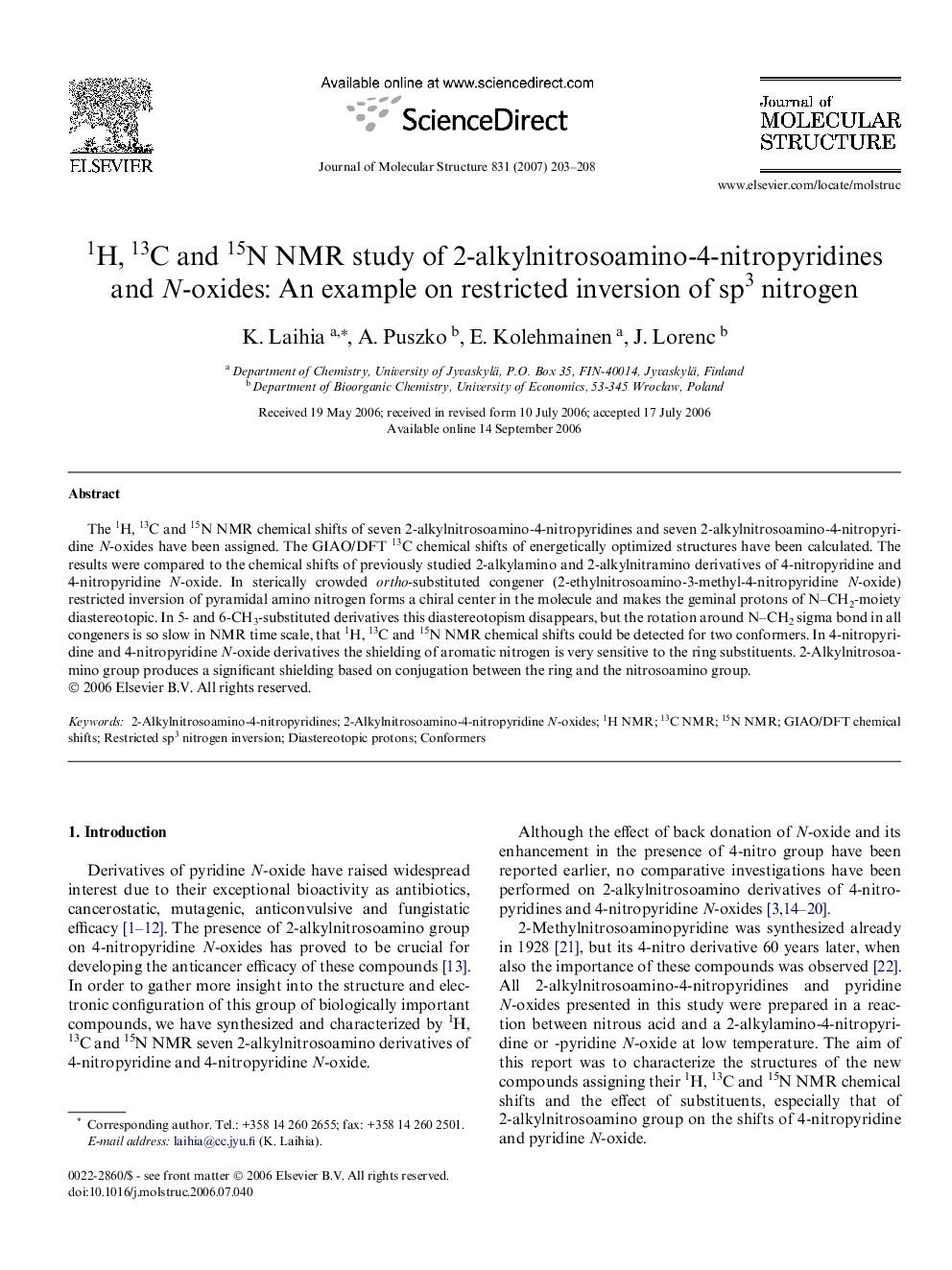 1H, 13C and 15N NMR study of 2-alkylnitrosoamino-4-nitropyridines and N-oxides: An example on restricted inversion of sp3 nitrogen